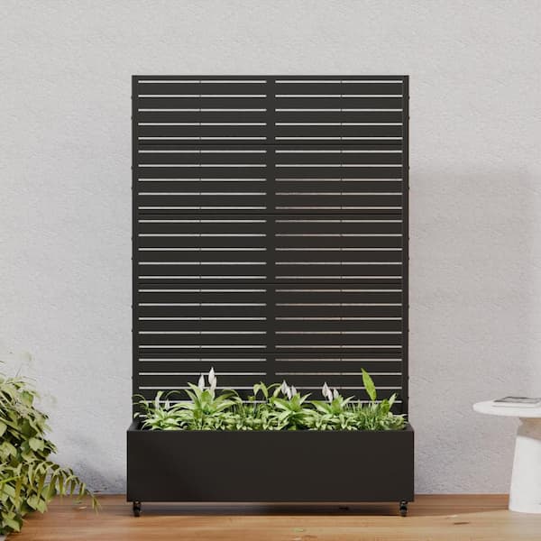 Set of 2-73 in. x 16 in. x 47 in. Black Metal Iron Planter Box with Attached Trellis for Climbing Vegetation