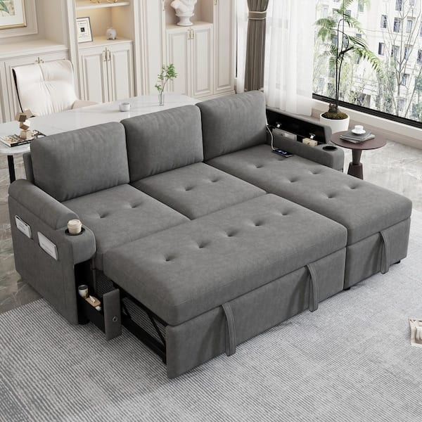 Gray 83.5 in. L-shaped Convertible Chenille Queen Size Sofa Bed with Ample Storage Space, 2 Cup Holders and 2 USB Ports
