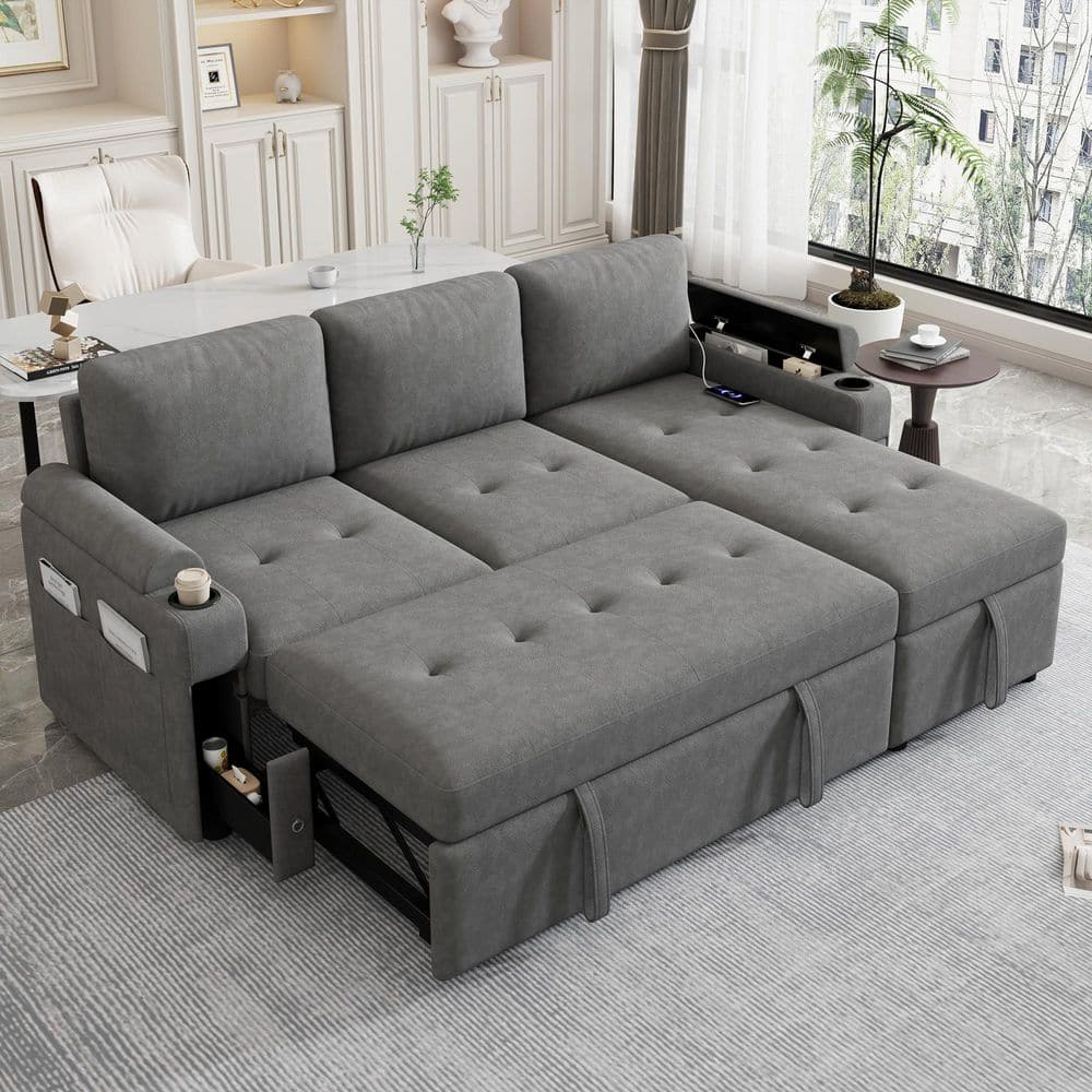 83.5 in. Convertible Square Arm Chenille L-Shaped Sofa in Gray with Ample S