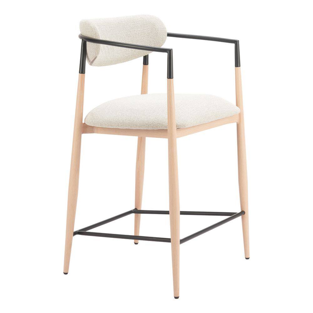 Single light wood counter stool with black frame and beige seat.