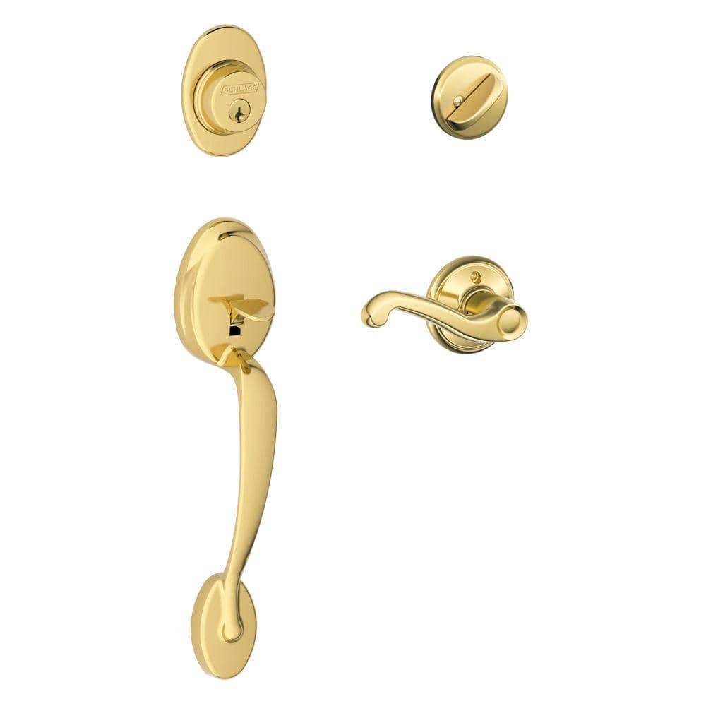 Schlage Plymouth Bright Brass Single Cylinder Door Handleset with Flair Handle