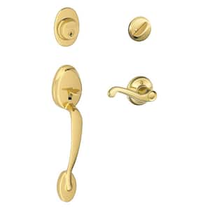 Plymouth Bright Brass Single Cylinder Door Handleset with Flair Handle