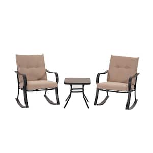 3-Pieces Wicker Outdoor Rocking Chair Bistro Conversation Set with Beige Cushions