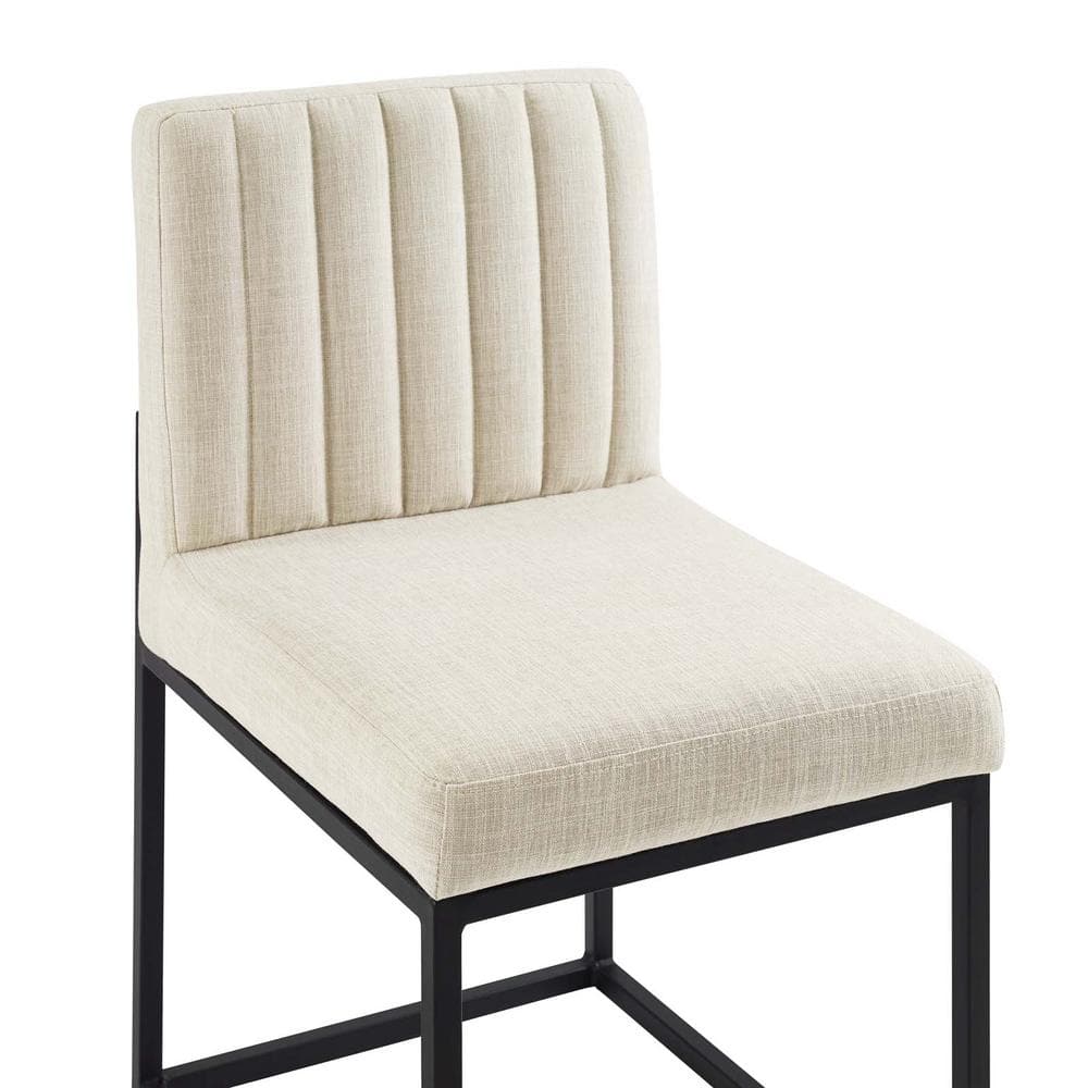 Beige Channel Tufted Upholstered Dining Chair with Black Metal Base