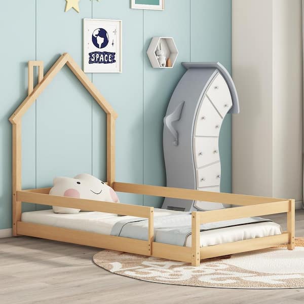Twin Size House-Shaped Beds With Side By Side Design, Heavy-Duty Metal Platform Bed Frame With Guardrails, 2 Shared Beds For Boys Girls Kids, Easy To
