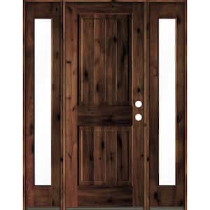 58 in. x 80 in. Rustic Alder Square Top Red Mahogany Stained Wood with V-Groove Left Hand Single Prehung Front Door