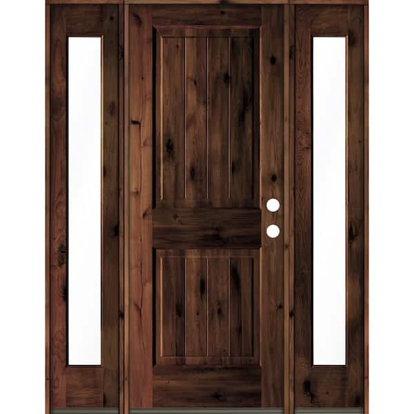 Krosswood Doors 60 in. x 80 in. Rustic Alder Square Top Red Mahogany Stained Wood with V-Groove Left Hand Single Prehung Front Door