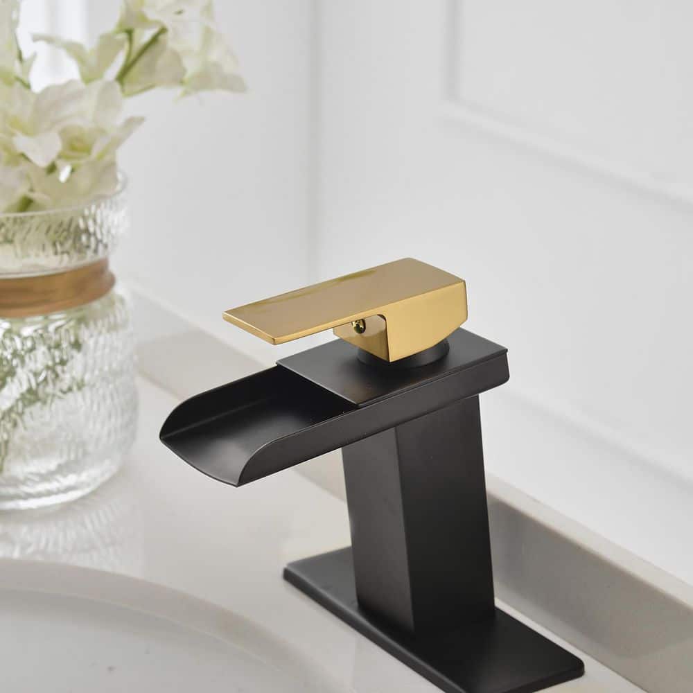 Matte Black and Gold Single-Handle Waterfall Bathroom Faucet