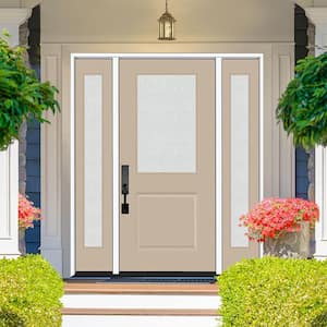 Legacy 68 in. x 80 in. 1/2 Lite Rain Glass RHIS Primed Sandstone Finish Fiberglass Prehung Front Door w/Dbl 14 in. SL