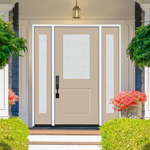 Legacy 68 in. x 80 in. 1/2 Lite Rain Glass LHOS Primed Sandstone Finish Fiberglass Prehung Front Door w/Dbl 14 in. SL