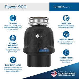 Power 900, 3/4 HP Garbage Disposal, Continuous Feed Food Waste Disposer w EZ Connect Power Cord & Putty-Free Sink Seal