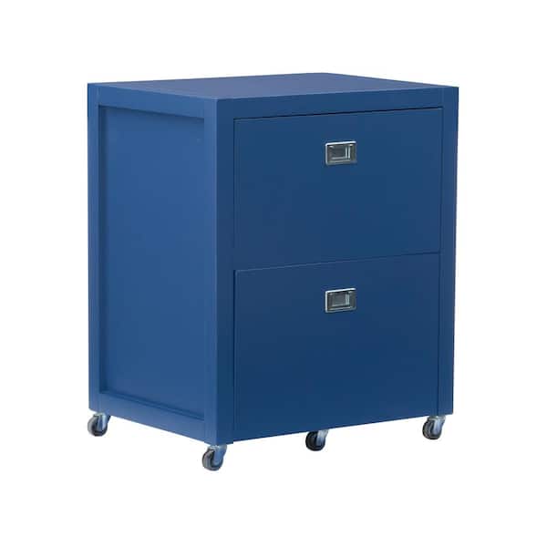 Linon Home Decor Sara Navy Blue File Cabinet with Metal Drawer Glides and Silver Handles