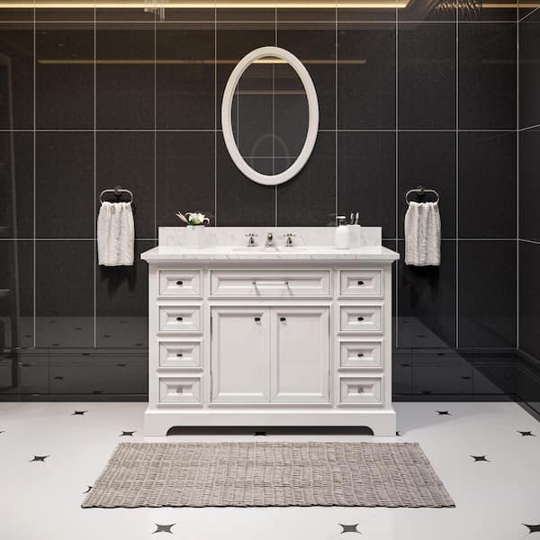 Water Creation 48 in. W x 22 in. D Vanity in White with Marble Vanity Top in Carrara White and Mirror