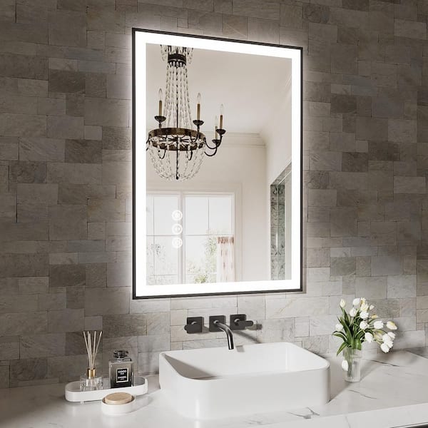 FORCLOVER 36 in.W x 24 in. H Rectangular Framed Anti-Fog Dimmable Front and Backlit LED Wall Bathroom Vanity Mirror in Matte Black