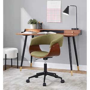 Vintage Mod Fabric Adjustable Height Office Chair in Green Fabric, Walnut Wood and Black Metal with 5-Star Caster Base