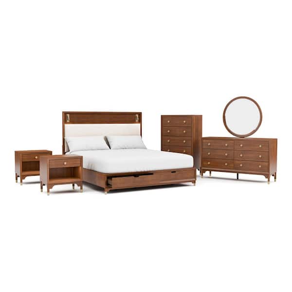Forma 6-Piece Mid Century Walnut Wood Queen Storage Platform Bedroom Set with Reading Lights