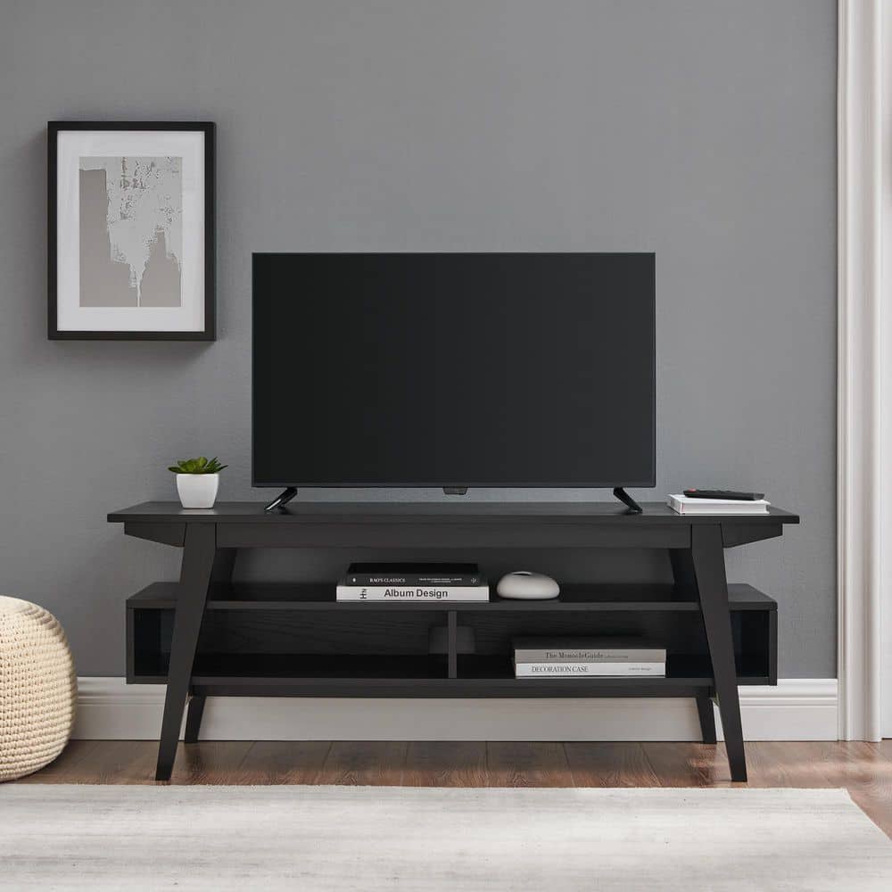 Black Solid Wood Japandi TV Stand with Open Shelving, 47 Inch