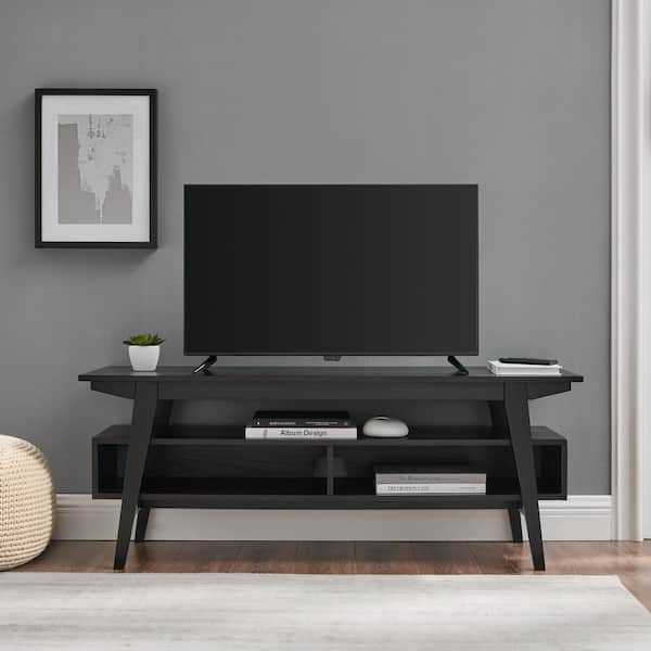 Welwick Designs 47 in. Black Wooden Scandinavian TV Stand for TVs up to 50 in. with Open Storage