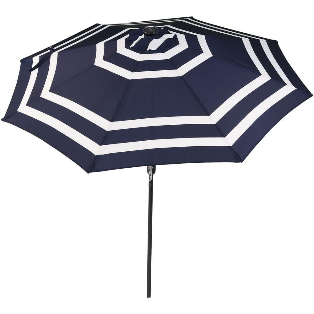 Navy Blue Striped Aluminum Market Umbrella with Solar LED Lights