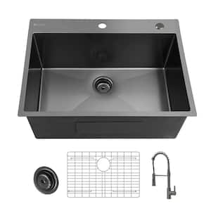 25 in. Drop-In Single Bowl 18 Gauge Gunmetal Black Stainless Steel Kitchen Sink with Black Spring Neck Faucet