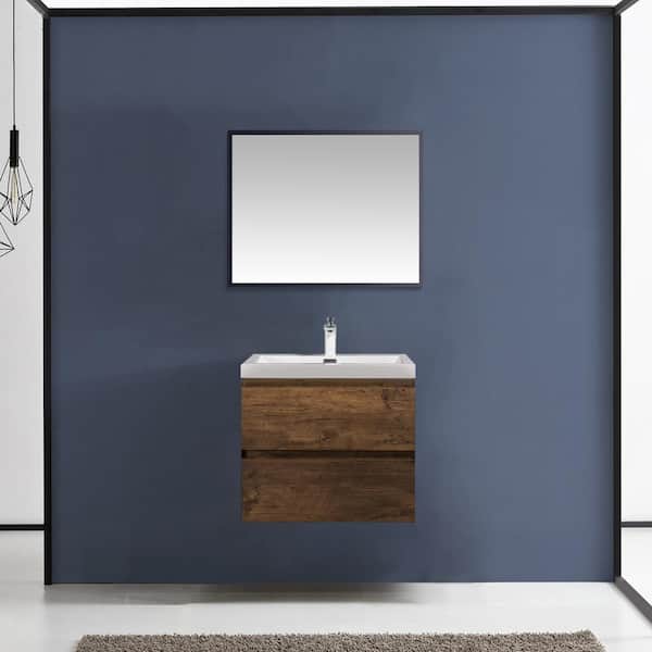24 in. W x 19 in. D x 20 in. H Wall-Mounted Bath Vanity in Rose Wood with White Glossy Resin Top