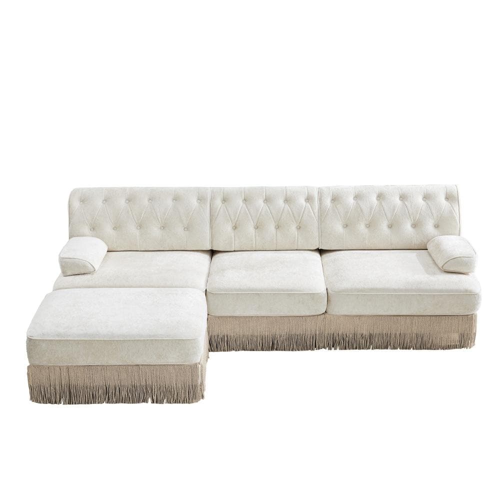 96 in. Square Arm 3-piece Velvet Cloud Modular Sectional Sofa with Ottoman, Button Tufted & Tassel Skirt in Beige