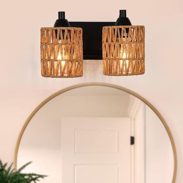 Boho 11.8 in. 2-Light Matte Black Vanity Light with Yellow Woven Shade