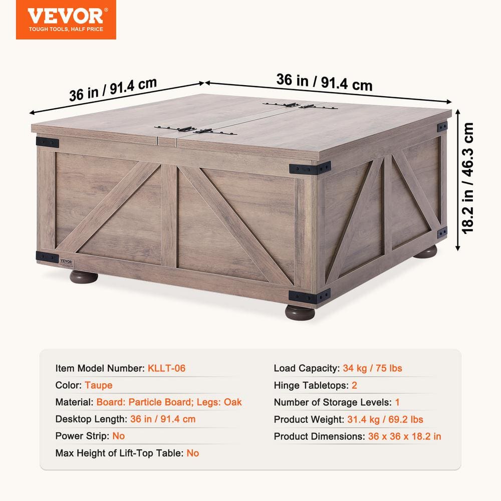Gray-Brown Wood Square Lift-Top Coffee Table with Storage