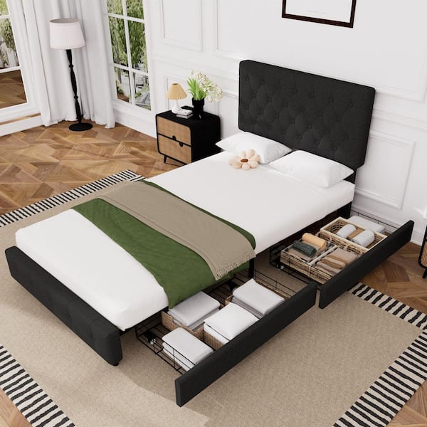 Black Linen Upholstered Metal Frame Storage Twin Platform Bed Frame with Headboard