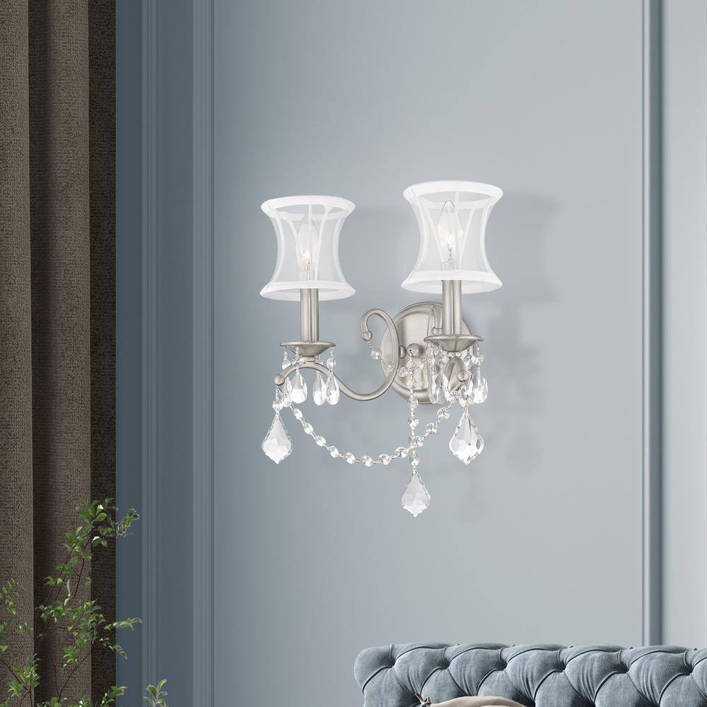 Brushed Nickel 2-Light Sconce with Off-White Silk Shade