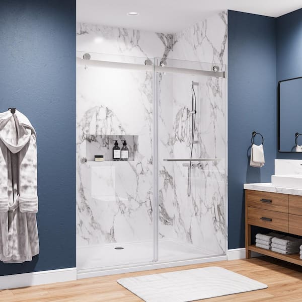 WYonder 55 to 59 in. W x 72 in. H Sliding Frameless Shower Door in Brushed Nickel with 5/16 in. Clear Glass