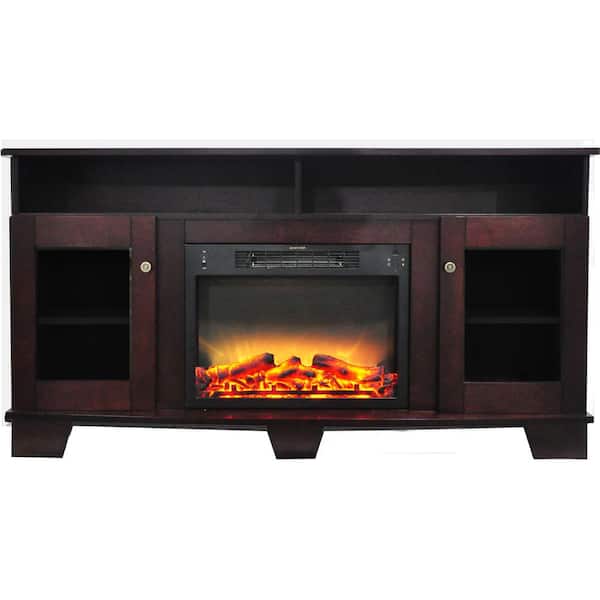 Cambridge Savona 59 in. Freestanding Electric Fireplace TV Stand Entertainment Center with Logs and Grate Insert in Mahogany