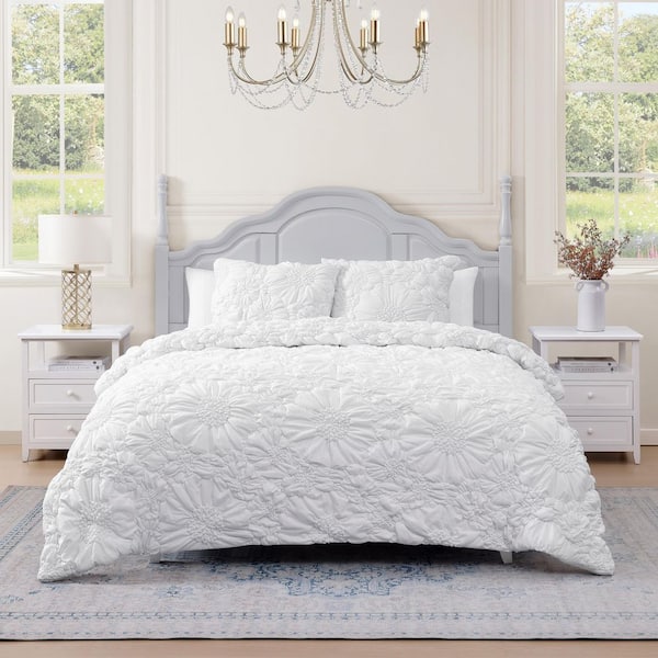 Blossom Floral White Puffy Textured Microfiber 3-piece comforter set-King