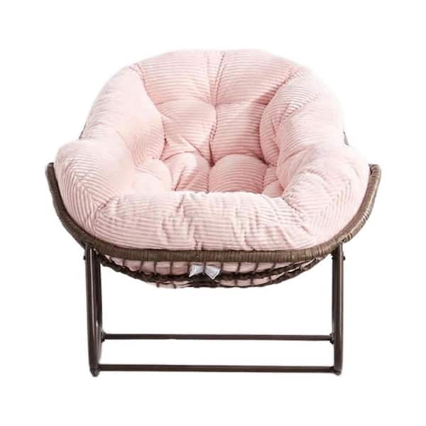 Metal Relaxing Rattan Outdoor Rocking Chair with Pink Padded Cushion for Front Porch, Living Room, Patio, Garden