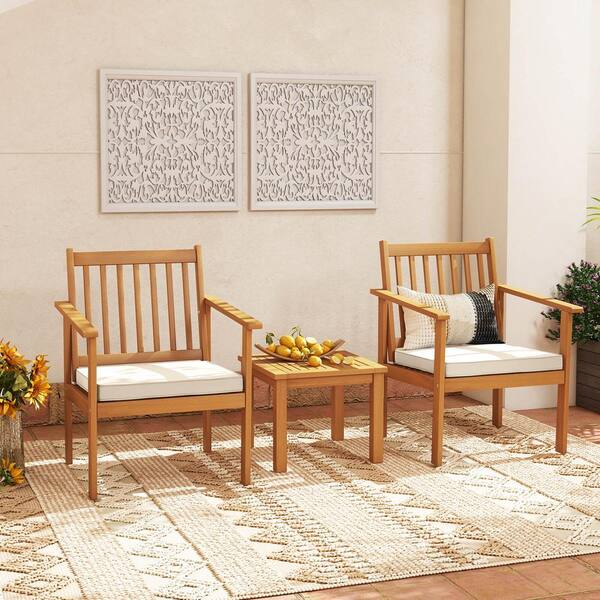 FORCLOVER 3-Piece Wood Patio Conversation Set with Off White