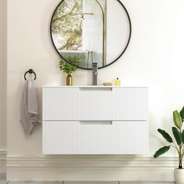 18.25 in. W x 29.75 in. D x 19.25 in. H-1 Sink Wall Mounted Bath Vanity in White with White Ceramic Top and 2-Drawers