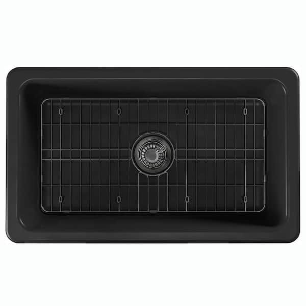 Unbranded 33 in. Apron-Front Sink Single Bowl Farmhouse Fireclay Kitchen Sink Bottom Grid and Drain Matte Black Kitchen Sinks