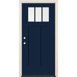 36 in. x 80 in. Right-Hand 3-Lite Clear Glass Indigo Painted Fiberglass Prehung Front Door with 6-9/16 in. Frame