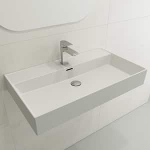 Milano Wall-Mounted Matte White Fireclay Rectangular Bathroom Sink 32 in. 1-Hole with Overflow