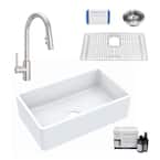 Inspire All-in-One Fireclay 30 in. Single Bowl Farmhouse Apron Front Kitchen Sink with Pfister Stellen Faucet and Drain