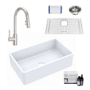 Inspire All-in-One Fireclay 30 in. Single Bowl Farmhouse Apron Front Kitchen Sink with Pfister Stellen Faucet and Drain