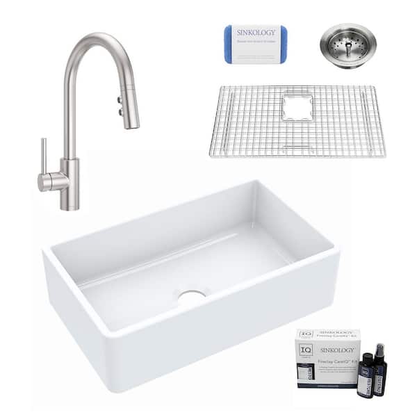 SINKOLOGY Inspire All-in-One Fireclay 30 in. Single Bowl Farmhouse Apron Front Kitchen Sink with Pfister Stellen Faucet and Drain