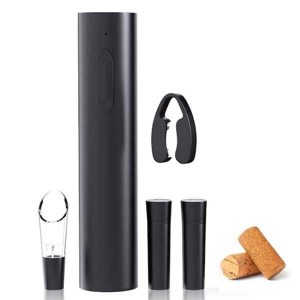 Ergonomic Black Electric Wine Opener Set Rechargeable Corkscrew with Foil Cutter Pourer and Stoppers USB-C