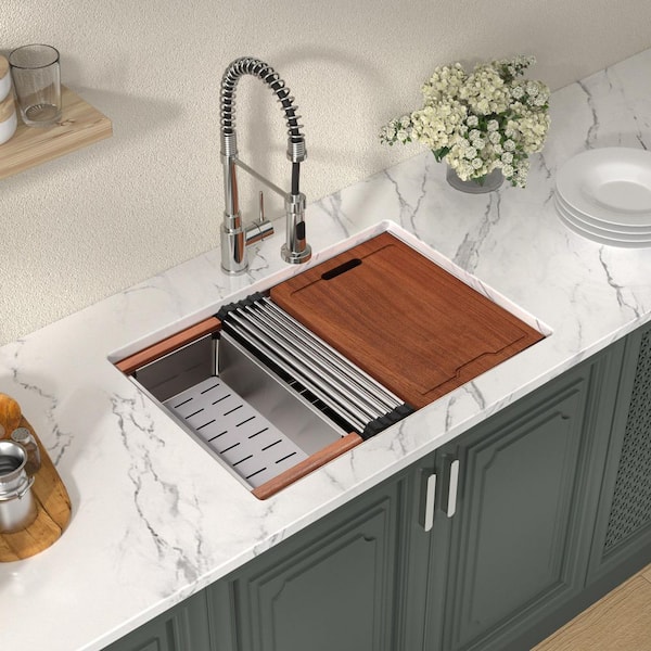 Stainless Steel 16-Gauge 27 in. Single Bowl Undermount Workstation Kitchen Sink Basin with Bottom Grid