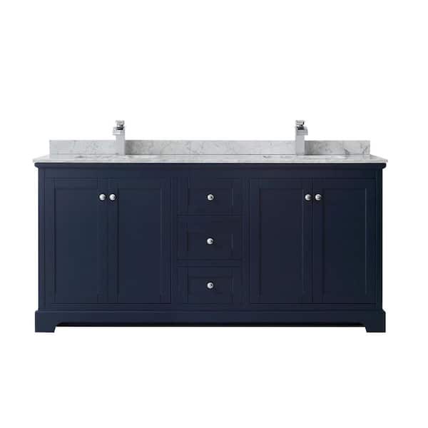 Wyndham Collection Avery 72-in Dark Blue Double Sink Bathroom Vanity with White Carrara Marble Natural Marble Top
