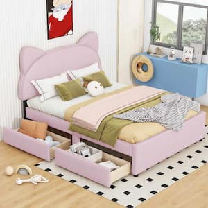 Pink Wood Frame Full Platform Bed with Cartoon Ears Shaped Headboard and 2-Drawers