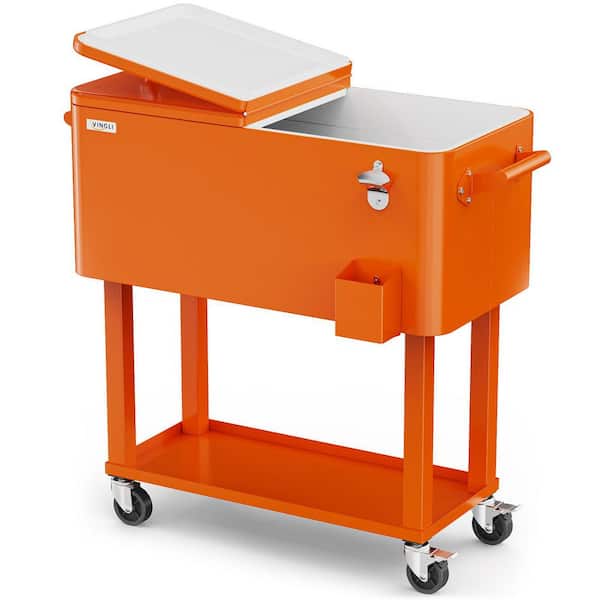 80 qt. Orange Patio Rolling Ice Chest Cooler Cart With Bar Drink Cooler Beverage Cart With Shelf For Party