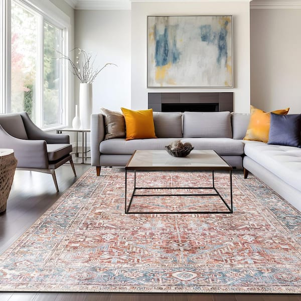 Vintage Distressed Machine Washable Red 7 ft. 7 in. x 9 ft. 6 in. Area Rug