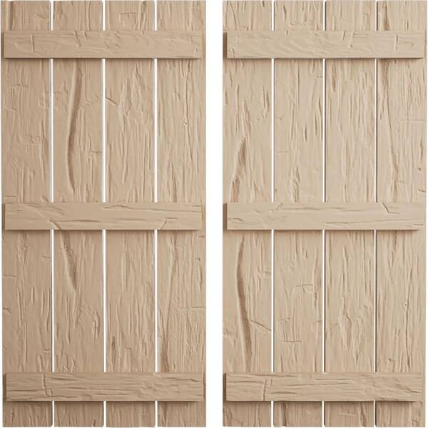 Ekena Millwork 23.5 in. x 86 in. Timberthane Polyurethane 4-Board Spaced Board-n-Batten Hand Hewn Faux Wood Shutters Pair