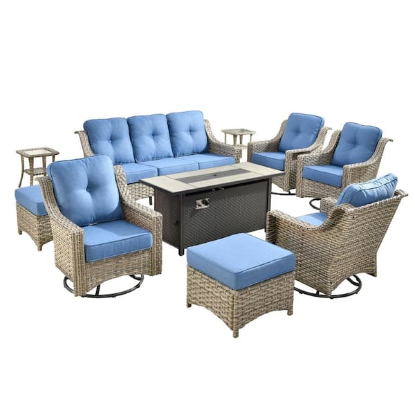 Cherry 10-Piece Wicker Outdoor Furniture Patio Fire Pit Conversation Sofa Set with Swivel Chairs and Sky Blue Cushions